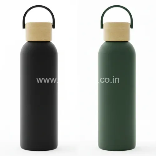 Black Stainless Steel Premium Water Bottle Wooden Cap || 550 ML 