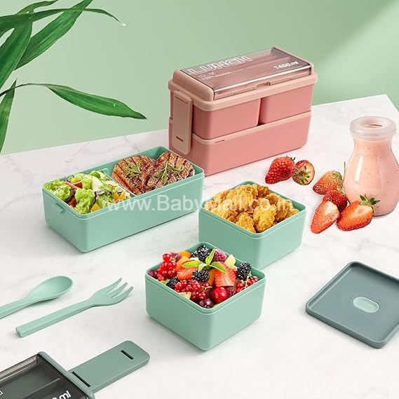 3-Compartment Lunch Box Plastic || 1400ml Leakproof with Cutlery 
