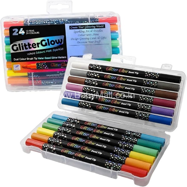 HIMIC Better Quality || Glitter Glow Pen || Dual Colour Brush Tip Water Based Glitter Markers 24 Pc Colors Set || Item No:ACMP-9319-12(HMC)-GG