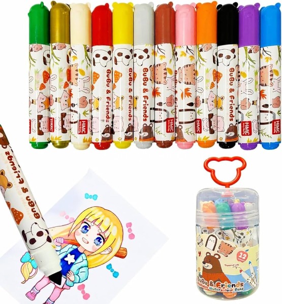 Himic Better Quality || Bu Bu and Friend Washable Water Color Pens || 12 Colors || Pyramid Tip || Premium Quality || Item No:ACMP-9309(HMC)-12