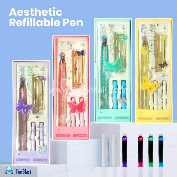  Butterfly Glitter Fountain Pen Set || Rainbow Nib with 6 Ink || Random Pack of 1 || Fountain Pen || Item No:FPS-30089(KQ)-BD
