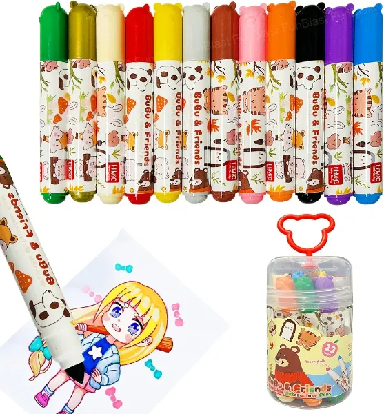 Himic Better Quality || Bu Bu and Friend Washable Water Color Pens || 12 Colors || Pyramid Tip || Premium Quality || Item No:ACMP-9309(HMC)