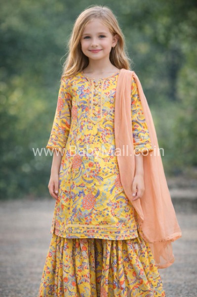 Yellow Cotton Garara Set 8y 10y 5 Years With Same Plazo Pant