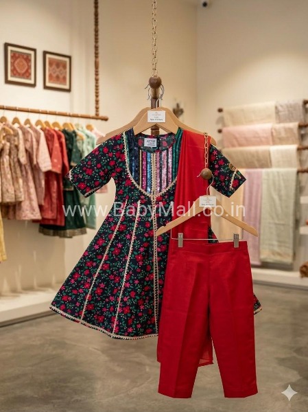 Red & Black Cotton Suit Frock Set With Dupatta 
