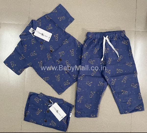 Calvin Klein Jeans || Yellow Teddy Print Blue Prince Collar Imported Pant Set Muslin Two Pc || 9 Month To 4 Year 
