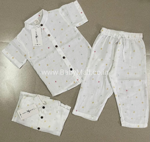 Calvin Klein Jeans || Colorfull Star White Prince Collar Imported Pant Set Muslin Two Pc || 9 Month To 4 Year 