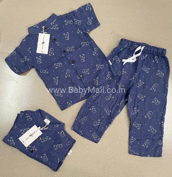 Calvin Klein Jeans || White Teddy Print Blue Prince Collar Imported Pant Set Muslin Two Pc || 9 Month To 4 Year 
