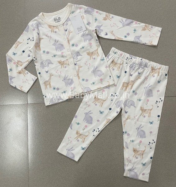 R & B Baby || Silky Soft Cotton Premium Animals Printed Suit Cream || 0-24 Month 